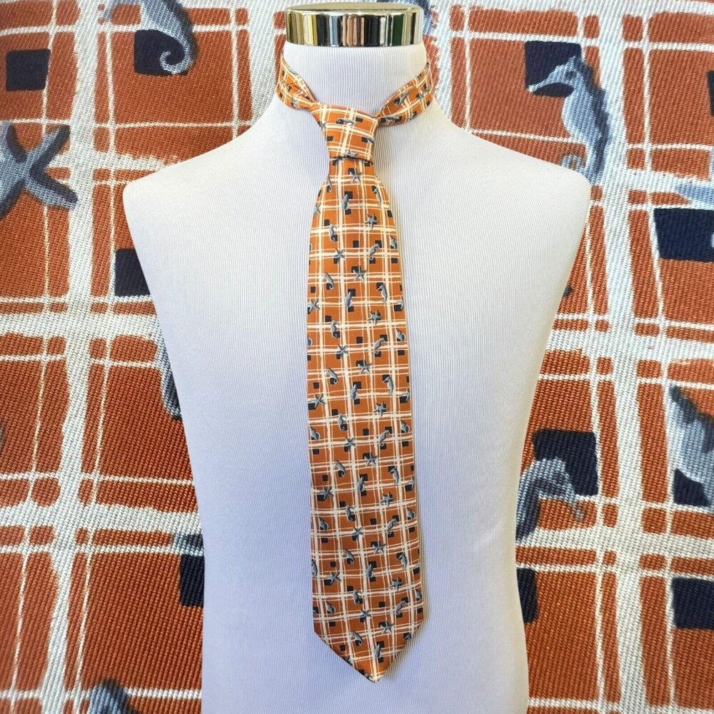 Dunhill Mens Silk Necktie Plaid Starfish Seahorse Tie Made in Italy Novelty